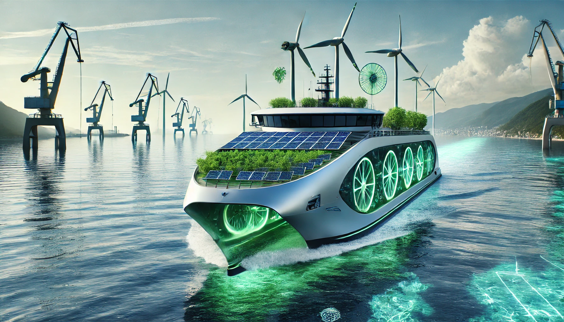 A futuristic marine vessel sailing in clear ocean waters