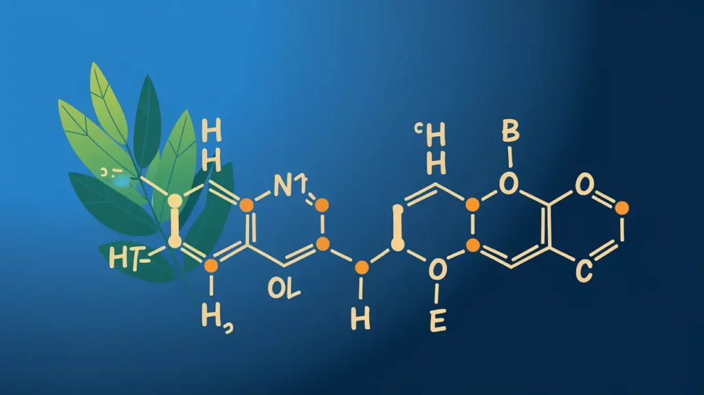 HVO Renewable Diesel: A scientific illustration of a molecule structure. There is a biodiesel fuel molecule on the left with a yellow carbon backbone and blue hydrogen atoms.