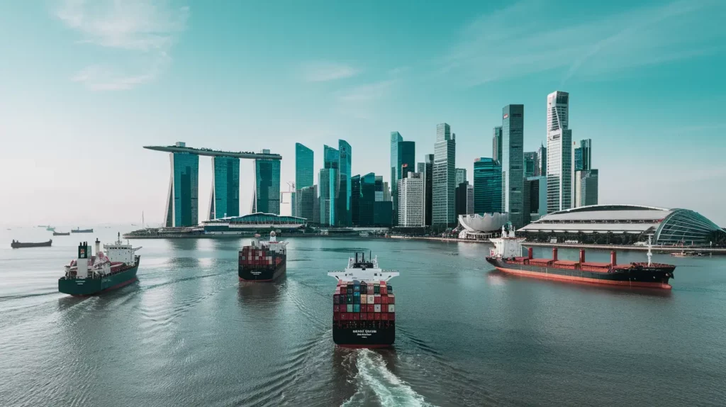 A photo of a maritime scene with multiple ships sailing in the Singapore Strait.